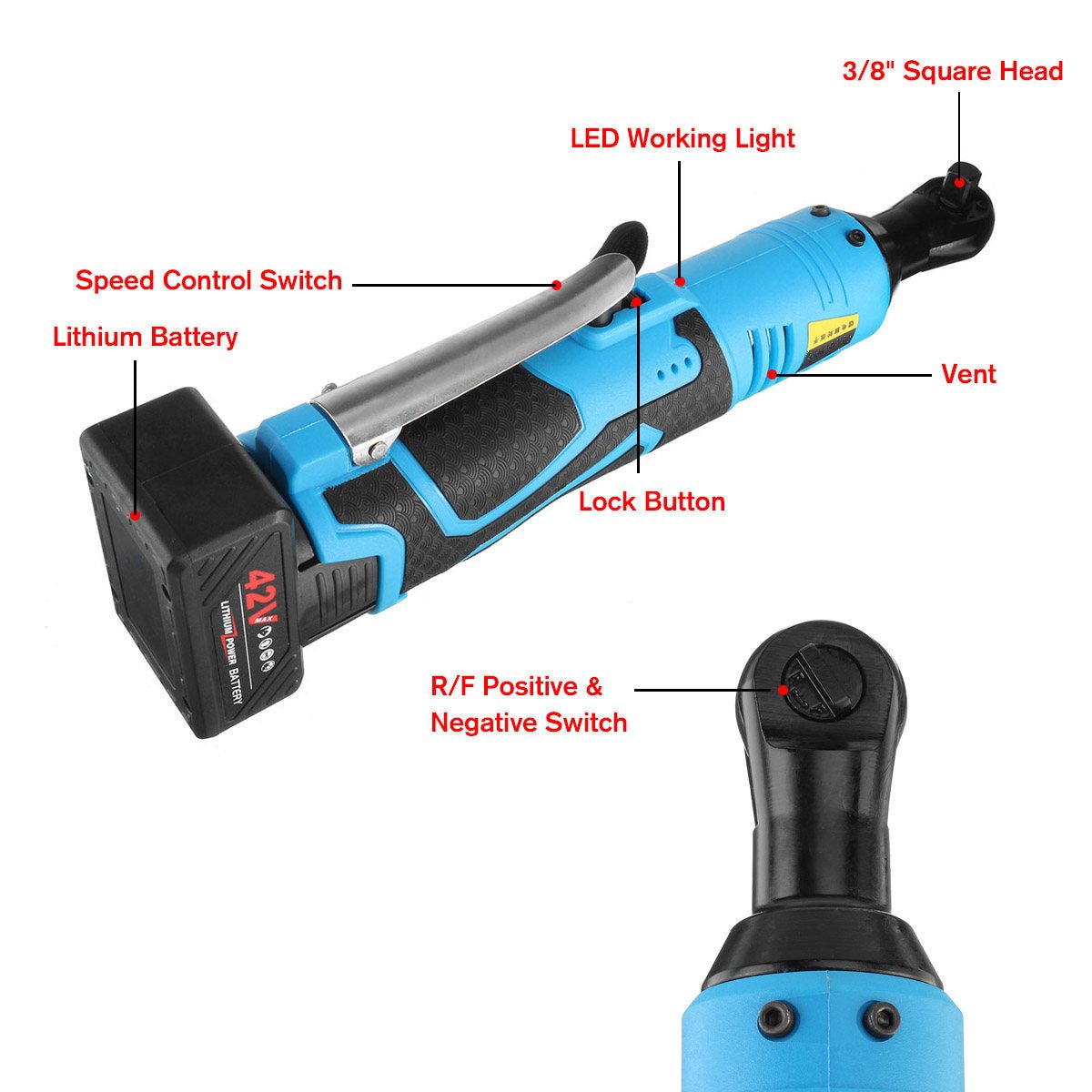 Blue battery impact wrench with lithium battery, speed control switch, LED working light, and 3/8 inch square head.