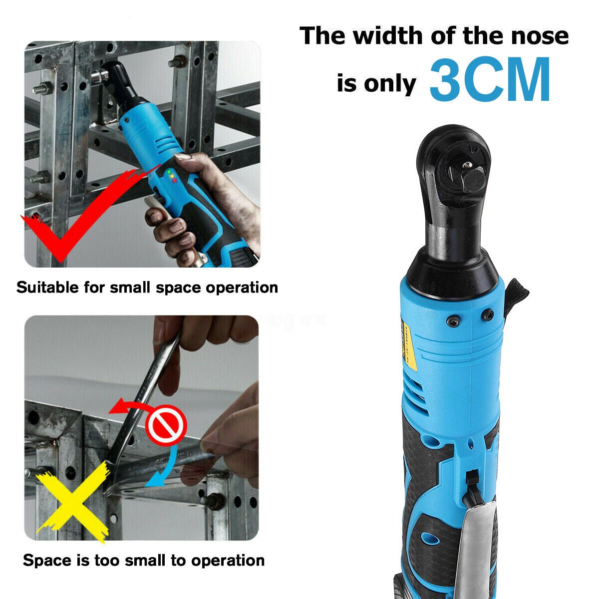 Impact wrench for small space operation with narrow nose width of 3cm shown in demonstration of correct and incorrect usage.