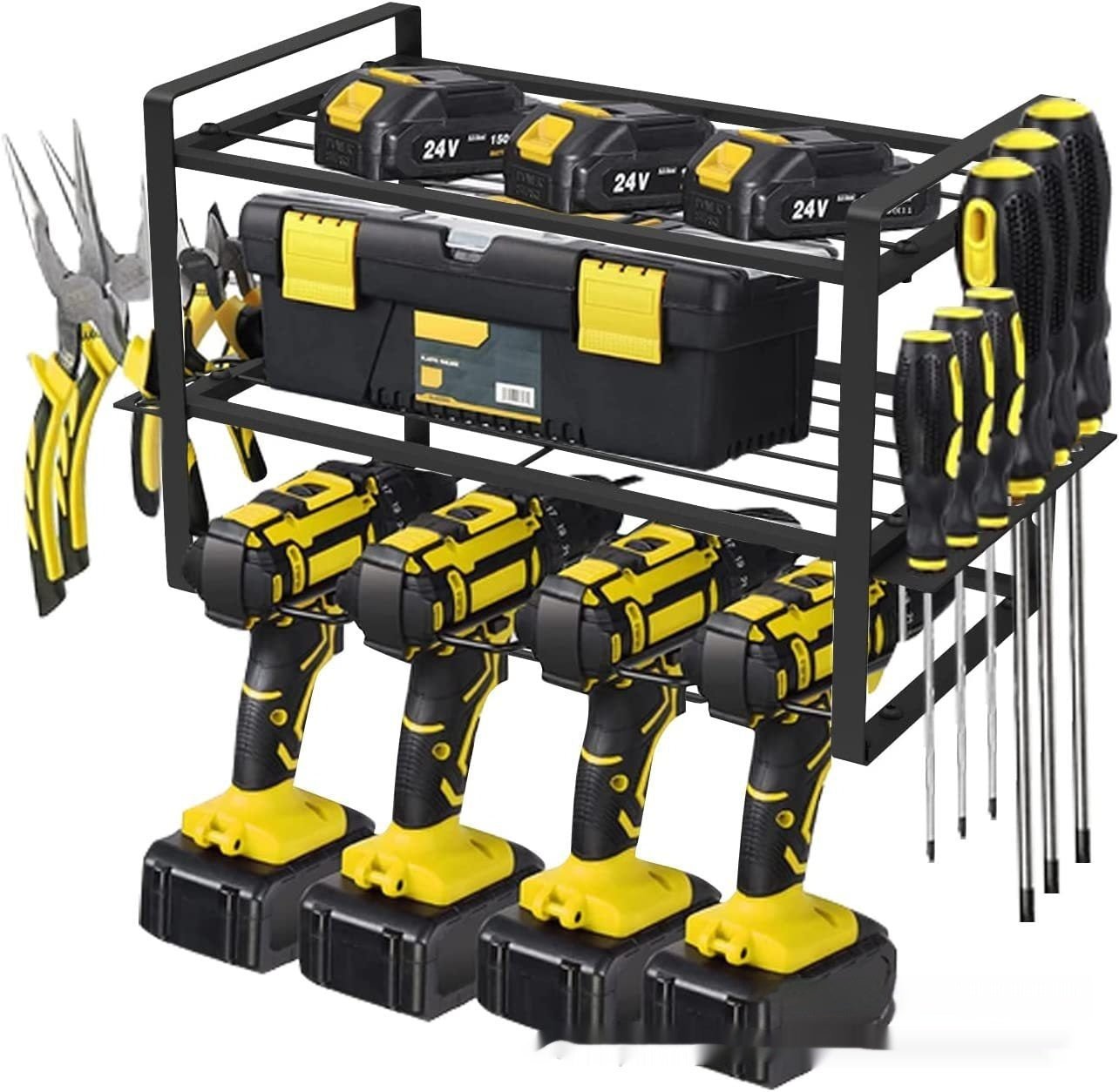 Garage tool storage rack with power tools, screwdrivers, and pliers for multi-purpose organization and modern simplicity.