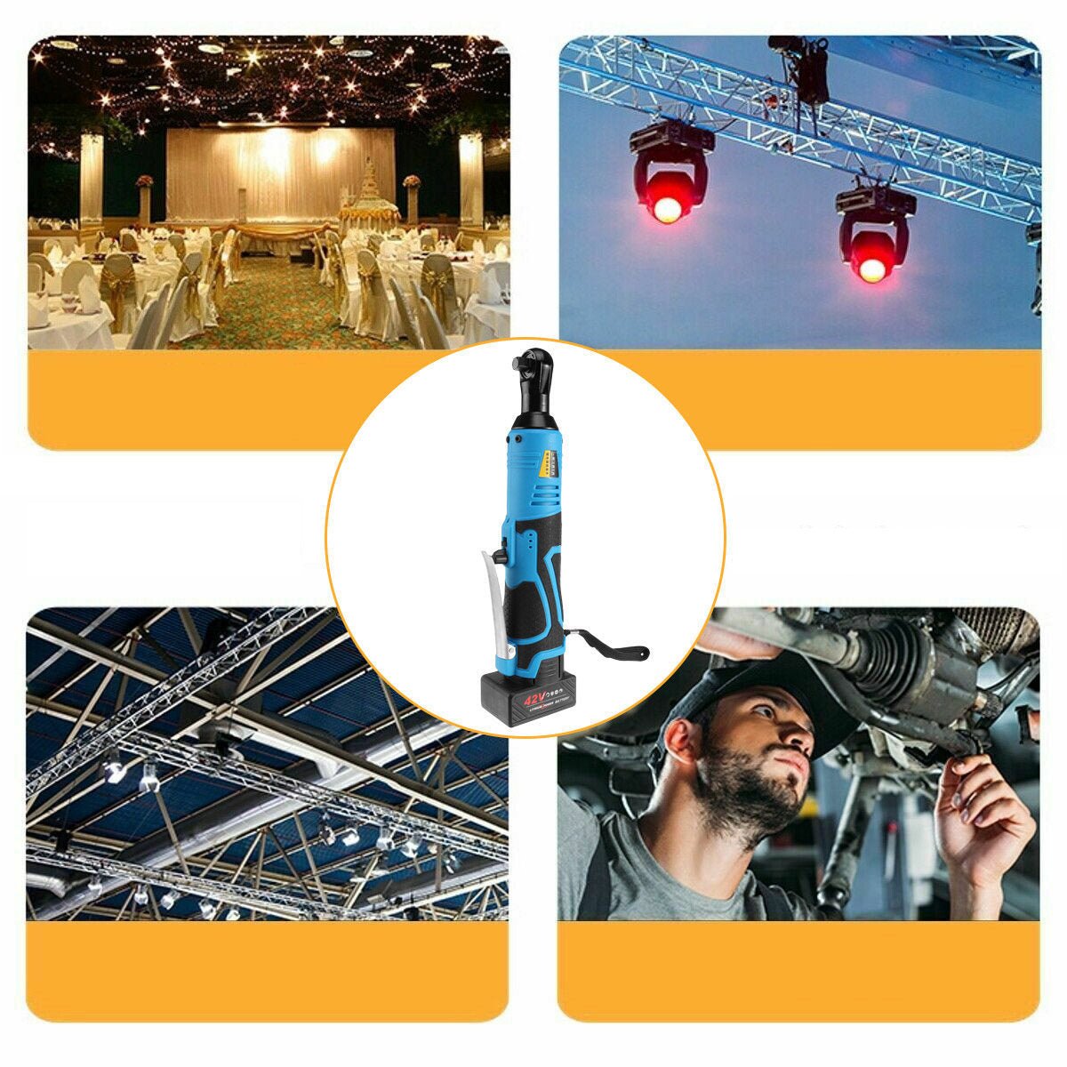 Battery-powered impact wrench with 42V voltage and 90N.m torque, used in various settings like event setups, lighting, and automotive repair.
