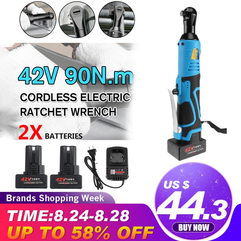 Cordless electric ratchet wrench 42V 90N.m with 2 batteries, 230RPM, and charging kit. Brands Shopping Week sale up to 58% off.