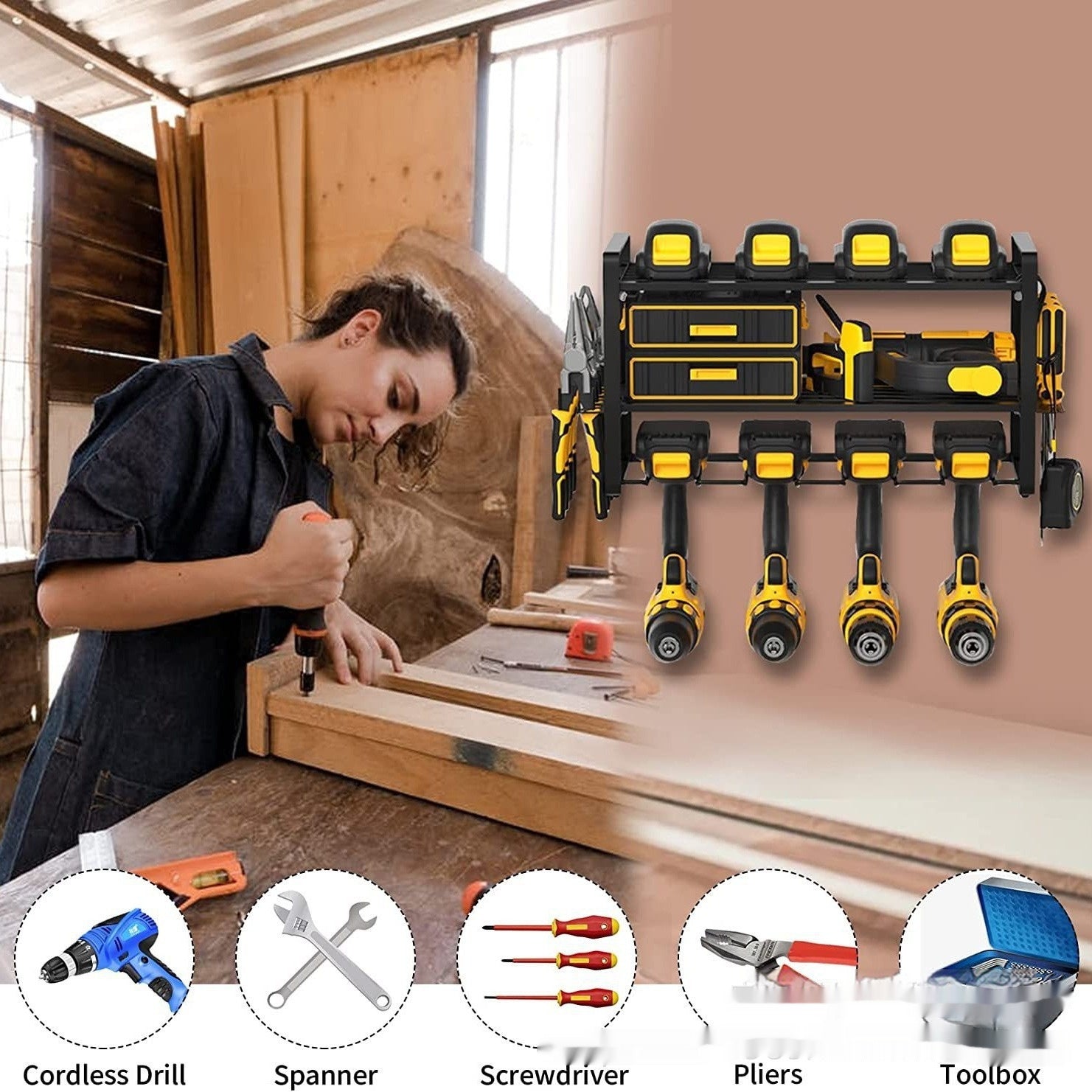 Woman using cordless drill beside a garage tool storage rack with power tools and various gadgets including screwdriver and pliers.