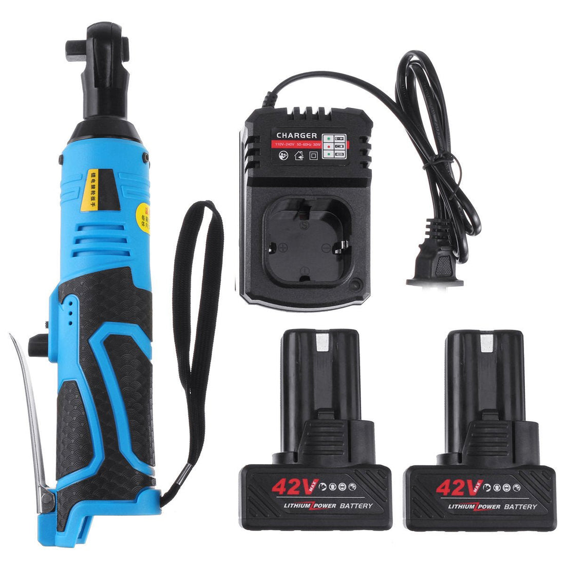 Battery-powered impact wrench with charger and two 42V batteries for dogs, cat supplies, fitness, and workout gadgets.