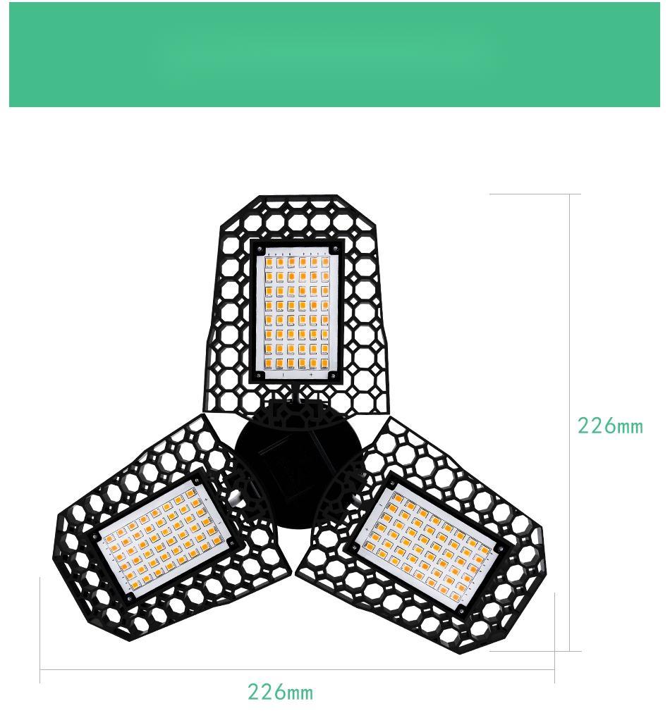 LED garage light with three folding panels, 40W60W80W warm white and white illumination, suitable for factory and warehouse lighting, size 226x226mm