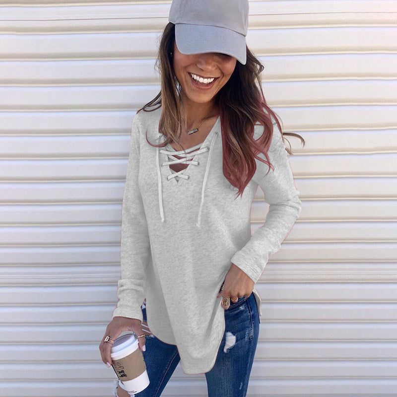 Solid Color V-Neck Tie Band Loose Top T-Shirt